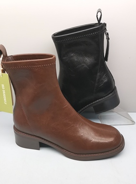 红蜻蜓短筒靴女秋冬新款CD67091011T时尚中跟后拉链马丁靴瘦瘦靴