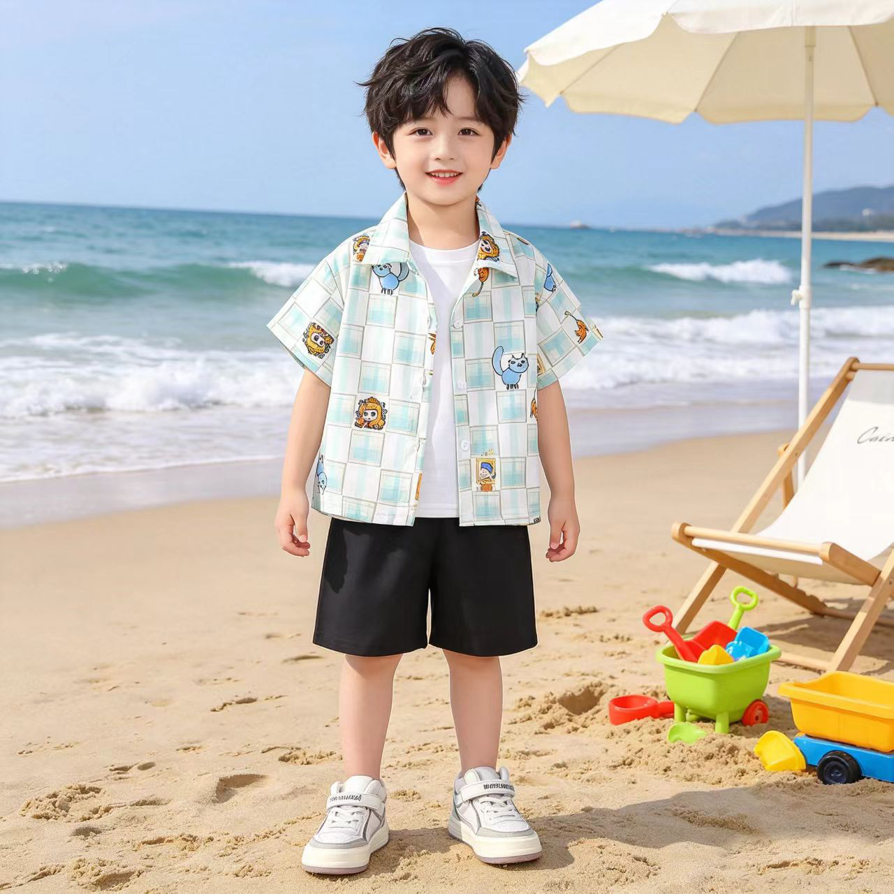 男童短袖衬衫夏季套装潮酷痞帅男孩沙滩度假服男宝T恤短裤两件套