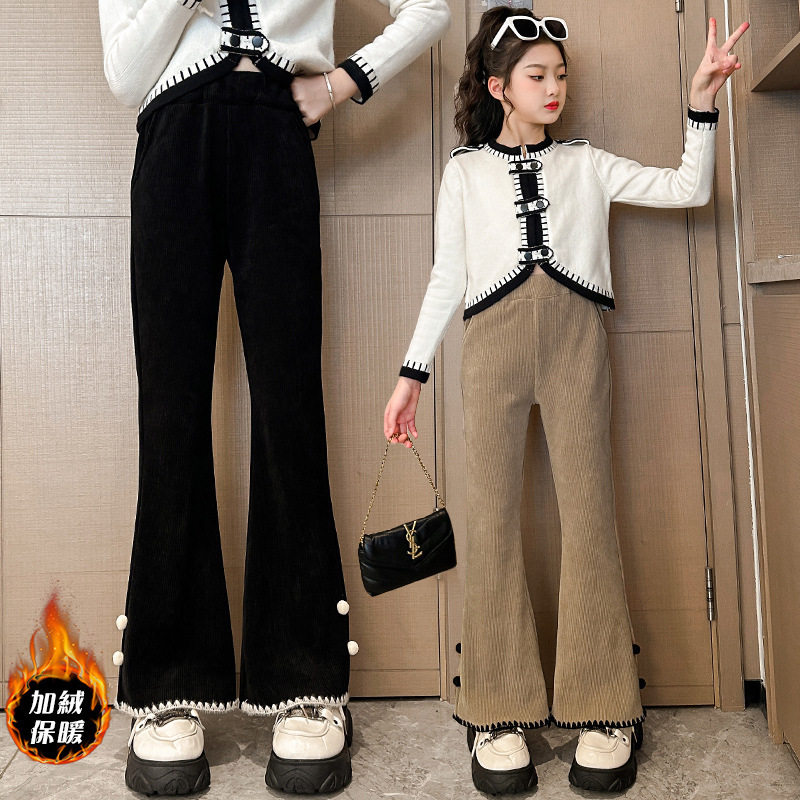 女童早春薄绒裤子韩版女大童喇叭裤洋气女孩春秋装休闲百搭长裤