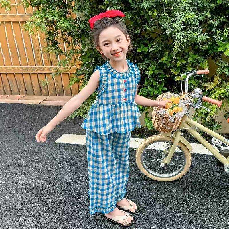 女童夏装蓝色格子套装