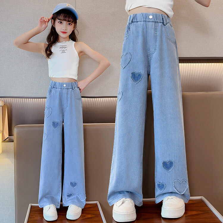 女童夏季裤子宽松薄款女中大童天丝牛仔裤洋气女孩夏装直筒阔腿裤