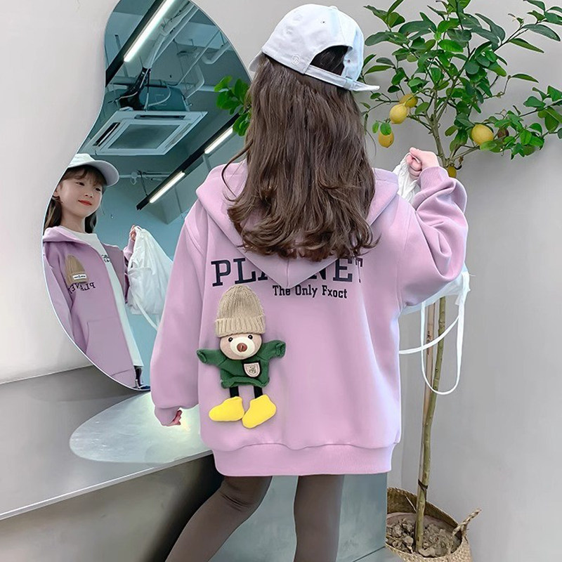 女童春秋外套2026新款女孩春装连帽开衫卫衣时尚洋气儿童休闲上衣