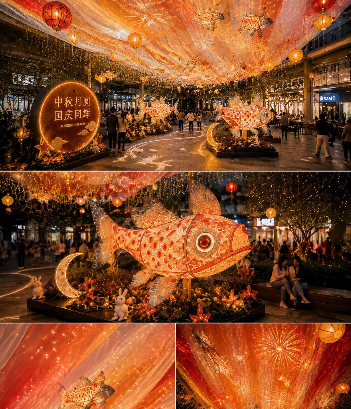 中秋国庆氛围感纱幔装饰景区街道吊顶纱幔