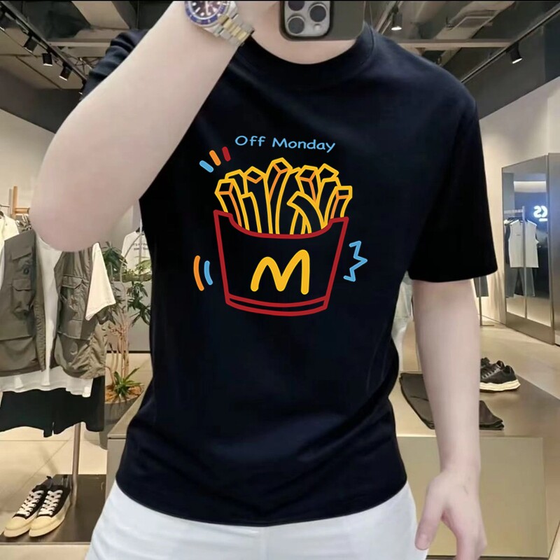 潮流薯条印花短袖T恤个性重磅纯棉休闲半袖夏季百搭打底衫男士t恤