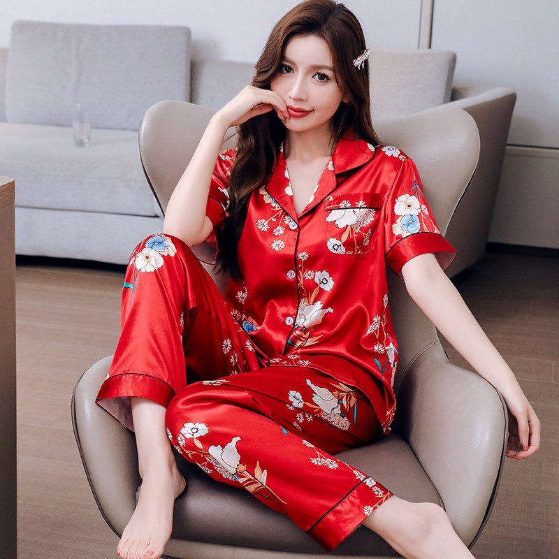 夏款冰丝睡衣女士夏季短袖长裤薄款丝绸家居服春秋款两件套装