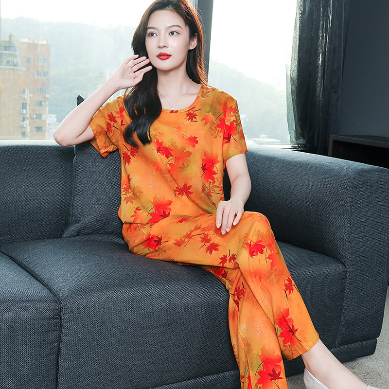 妈妈睡衣女夏季薄款棉绸套装