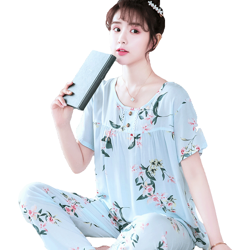 棉绸甜美风印花两件套短袖长裤
