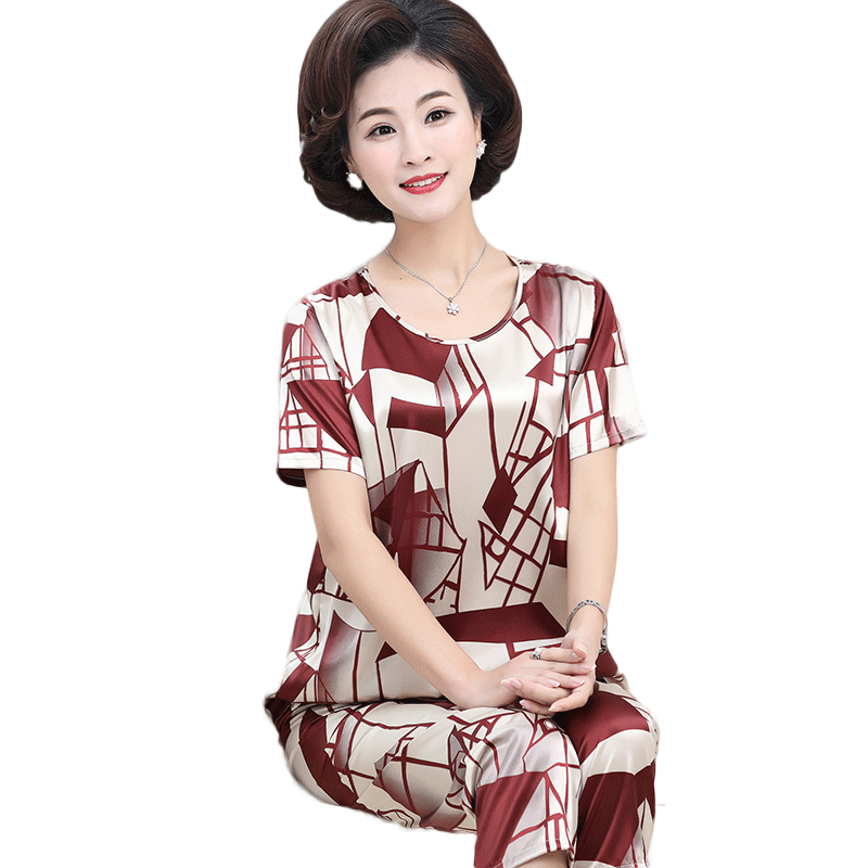 女士大码丝绸中老年短袖居家服