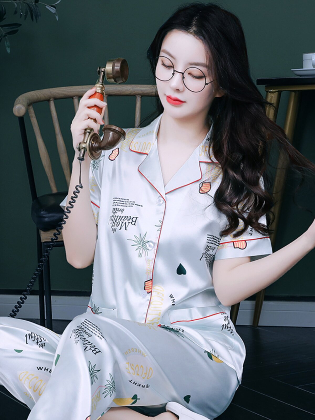 睡衣女夏季薄款短袖丝绸女士睡衣套装大码时尚夏天冰丝凉感家居服