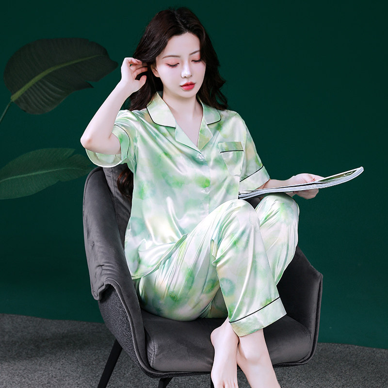 女士冰丝睡衣套装夏季短袖薄款