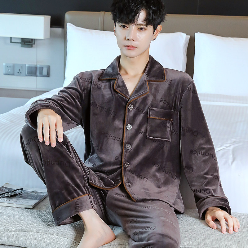 大码珊瑚绒男士睡衣秋冬季长袖保暖薄绒海岛绒男款春秋家居服套装