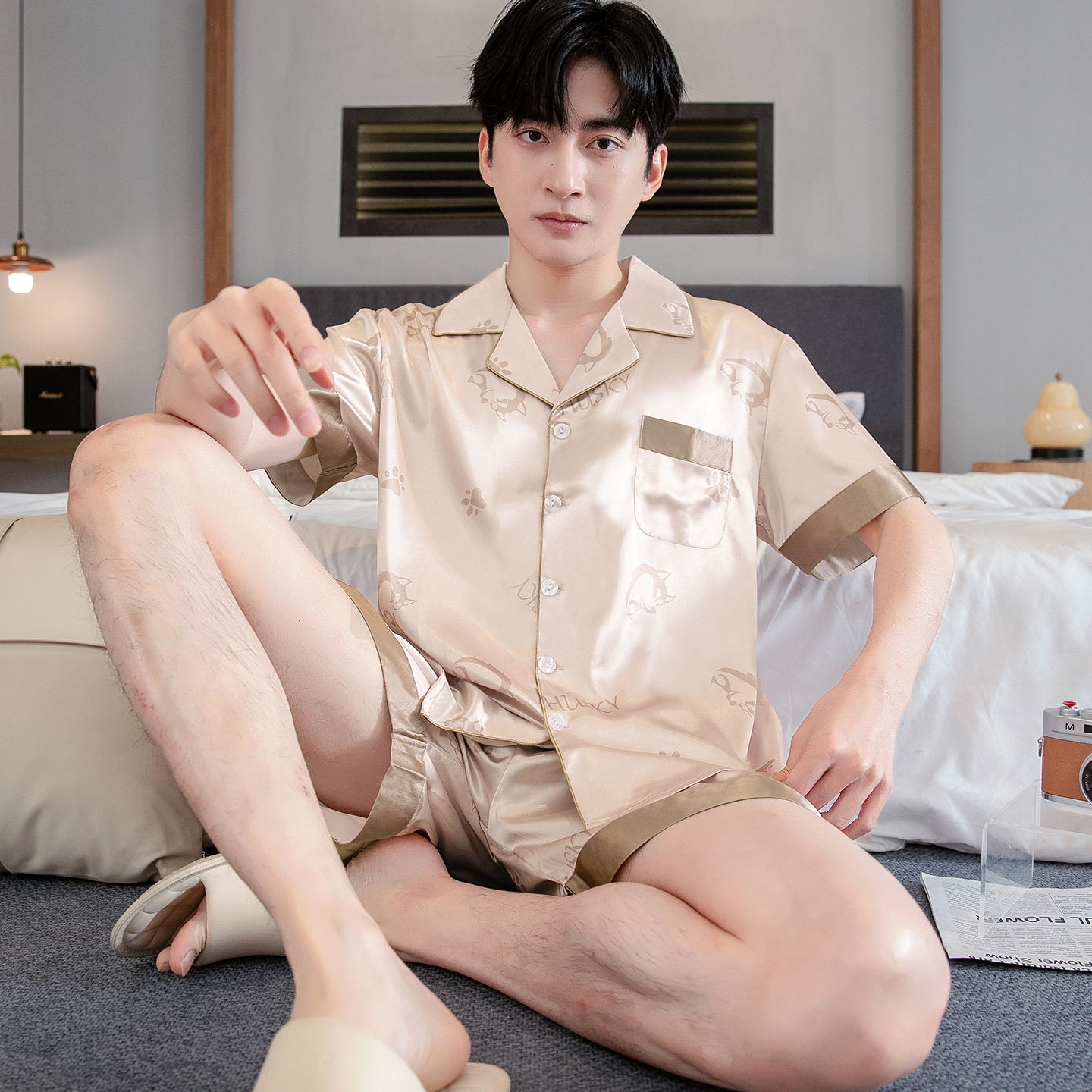 夏季短袖薄款冰丝男士睡衣套装大码宽松休闲男款丝绸高级感家居服