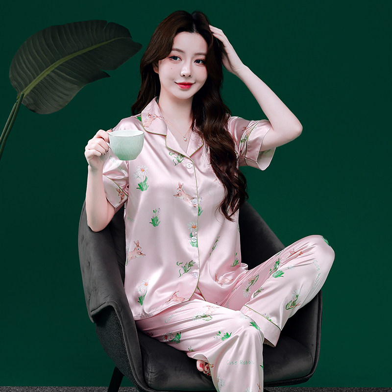 春夏季短袖薄款冰丝女睡衣套装