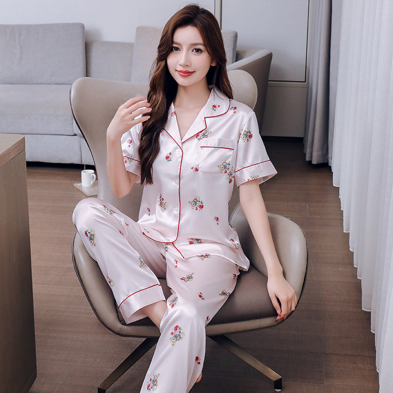 韩版冰丝睡衣女夏季短袖清新甜美丝绸薄款女款休闲家居服长裤套装
