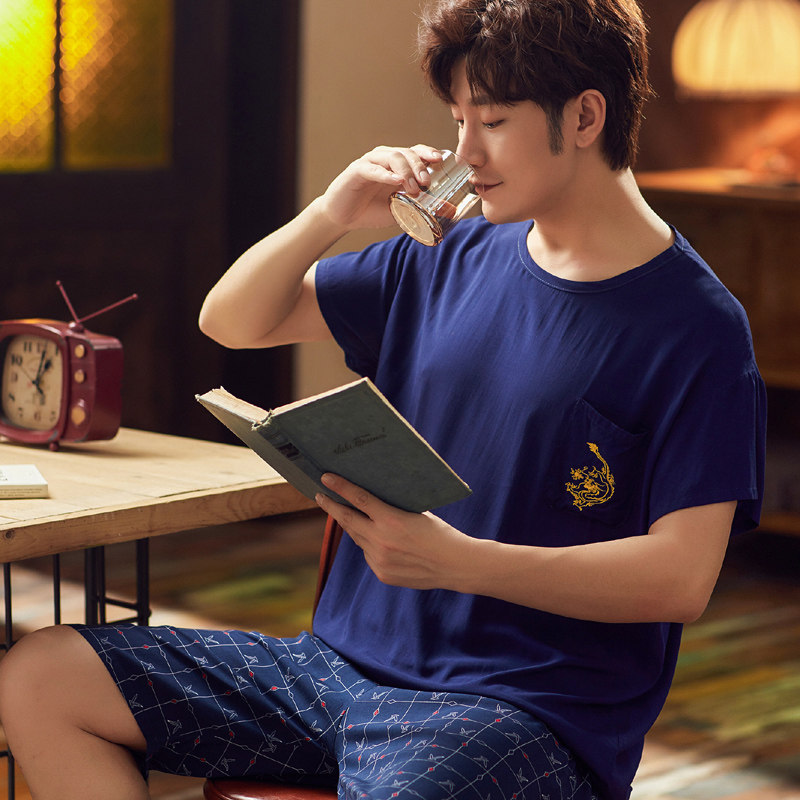 睡衣男夏季绵绸短袖短裤夏天青中年式薄款棉绸春秋男士家居服套装