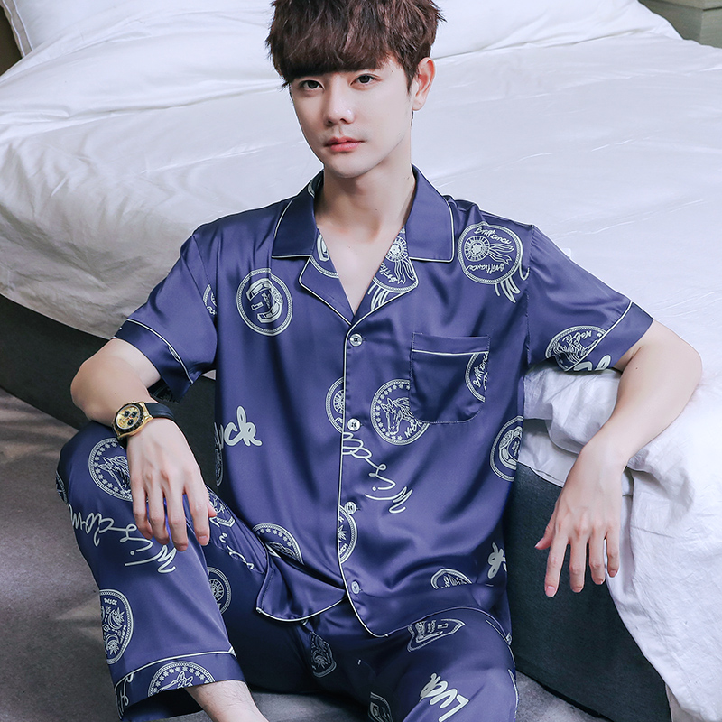 夏天短袖薄款冰丝丝绸男士睡衣套装大码宽松简约春秋天长裤家居服
