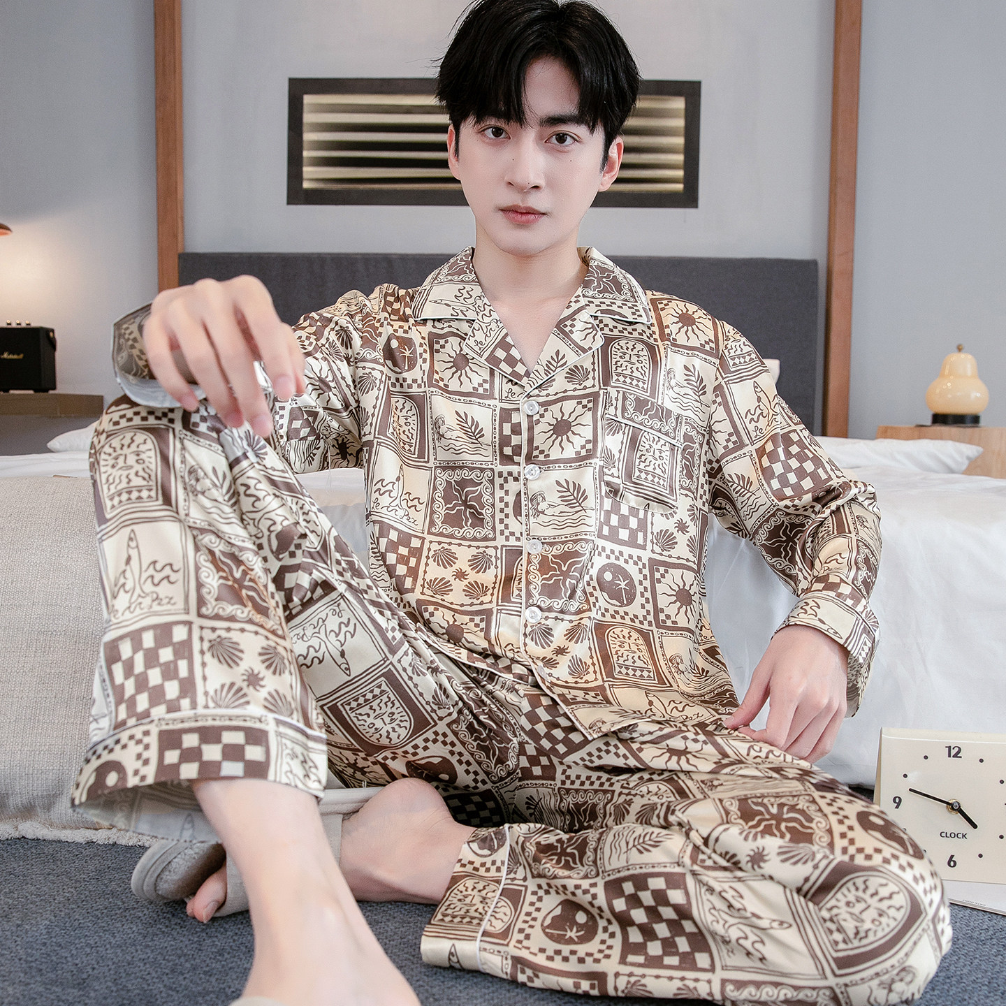 男士睡衣春秋夏季长袖长裤薄款冰丝丝绸男款可外穿大码宽松家居服