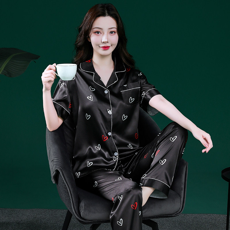 甜美风女士睡衣春夏季短袖长裤薄款冰丝丝绸学生女款夏天家居服女