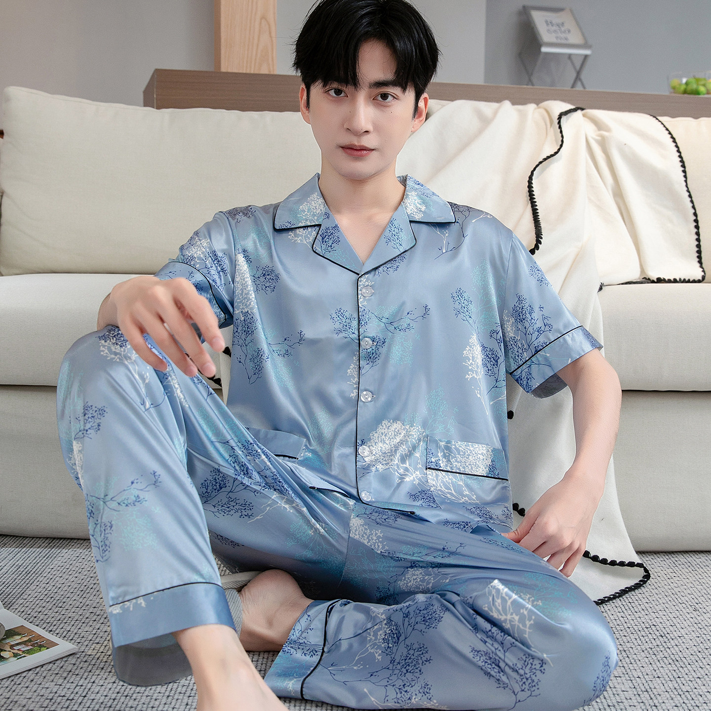 男士睡衣春夏季新款冰丝套装大码宽松短袖薄款开衫男款夏天家居服