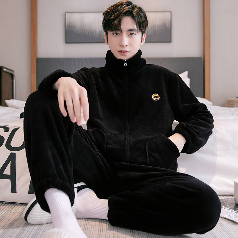 青中年秋冬加厚保暖珊瑚绒男士睡衣套装宽松休闲男款法兰绒家居服