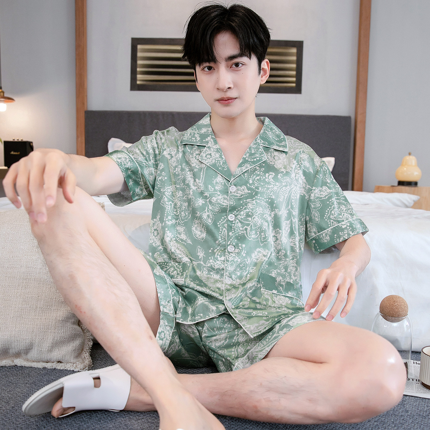 睡衣男夏季短袖短裤薄款冰丝男士套装大码宽松休闲男款丝绸家居服