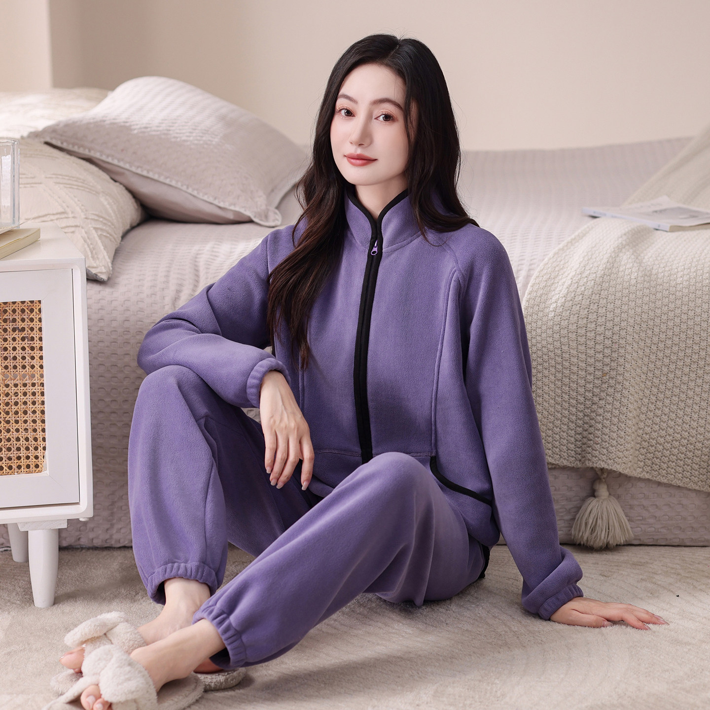 睡衣女秋冬季保暖珊瑚绒加绒加厚拉链长袖奥粒绒居家可外穿家居服