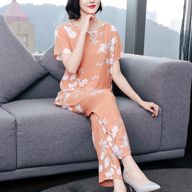 女士棉绸睡衣春夏季中老年妈妈绵绸套装大码宽松可外穿女款家居服