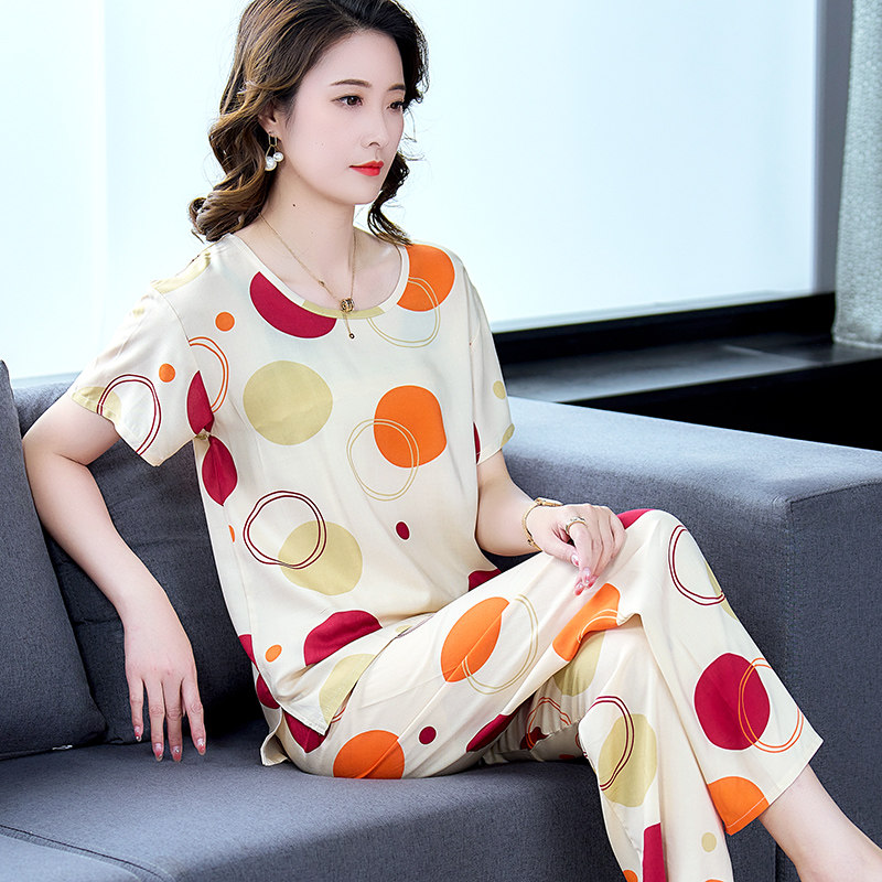 妈妈睡衣女棉绸家居服夏季短袖薄款人造棉休闲大码可外穿女款套装