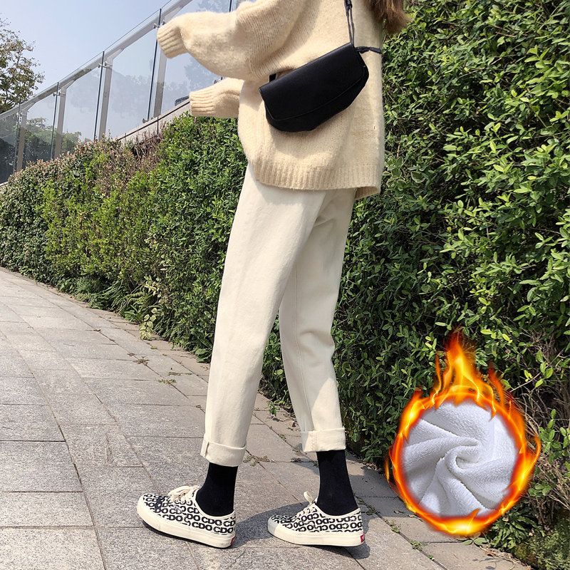 米白色牛仔裤女直筒宽松2020新款秋冬加绒高腰显瘦阔腿萝卜老爹裤