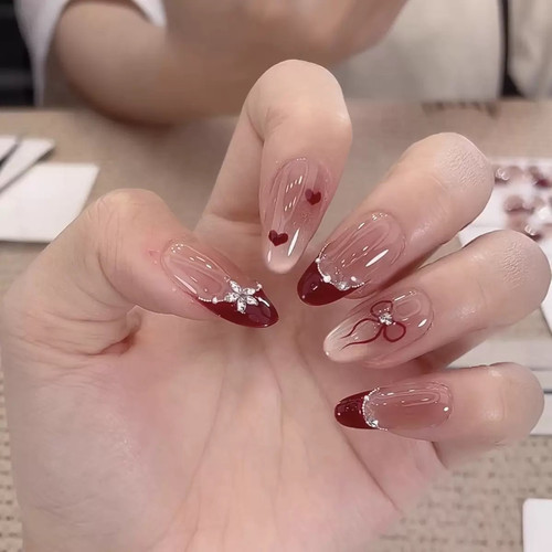 新款红爱心法式纯手工穿戴甲轻奢光疗猫眼高级手作美甲10片装甲片