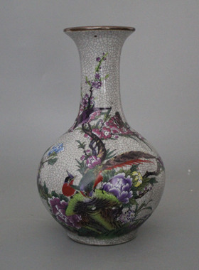 乾隆粉彩开片富贵鸟语风古董赏瓶