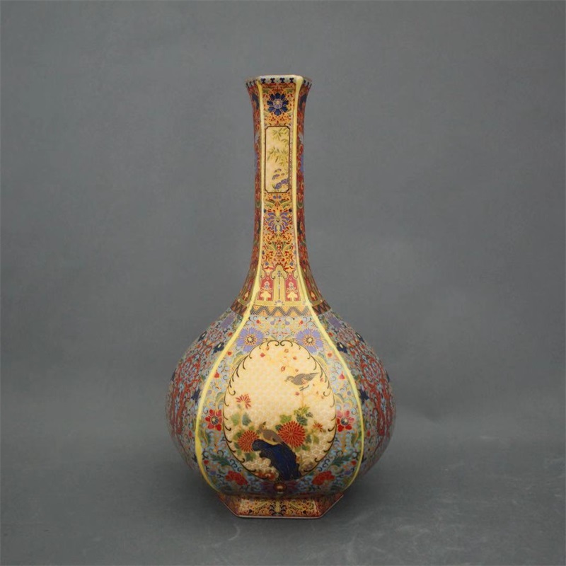 景德镇仿古陶瓷大清雍正珐琅彩花鸟六方花瓶家居装饰摆件展柜收藏