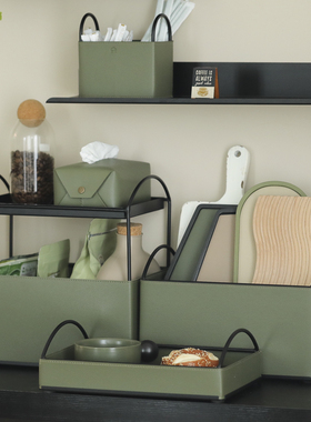 墨绿色桌面收纳盒皮革材质大容量收纳筐咖啡角整理架 铁制收纳盘