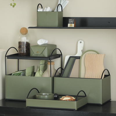 墨绿色桌面收纳盒皮革材质大容量收纳筐咖啡角整理架 铁制收纳盘