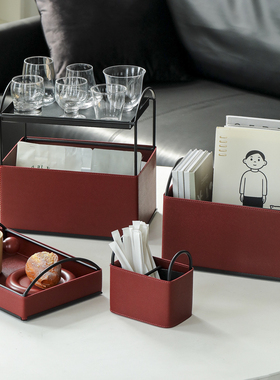 轻奢红色皮质大容量托盘 中式铁艺收纳篮 桌面高颜值收纳盒多功能