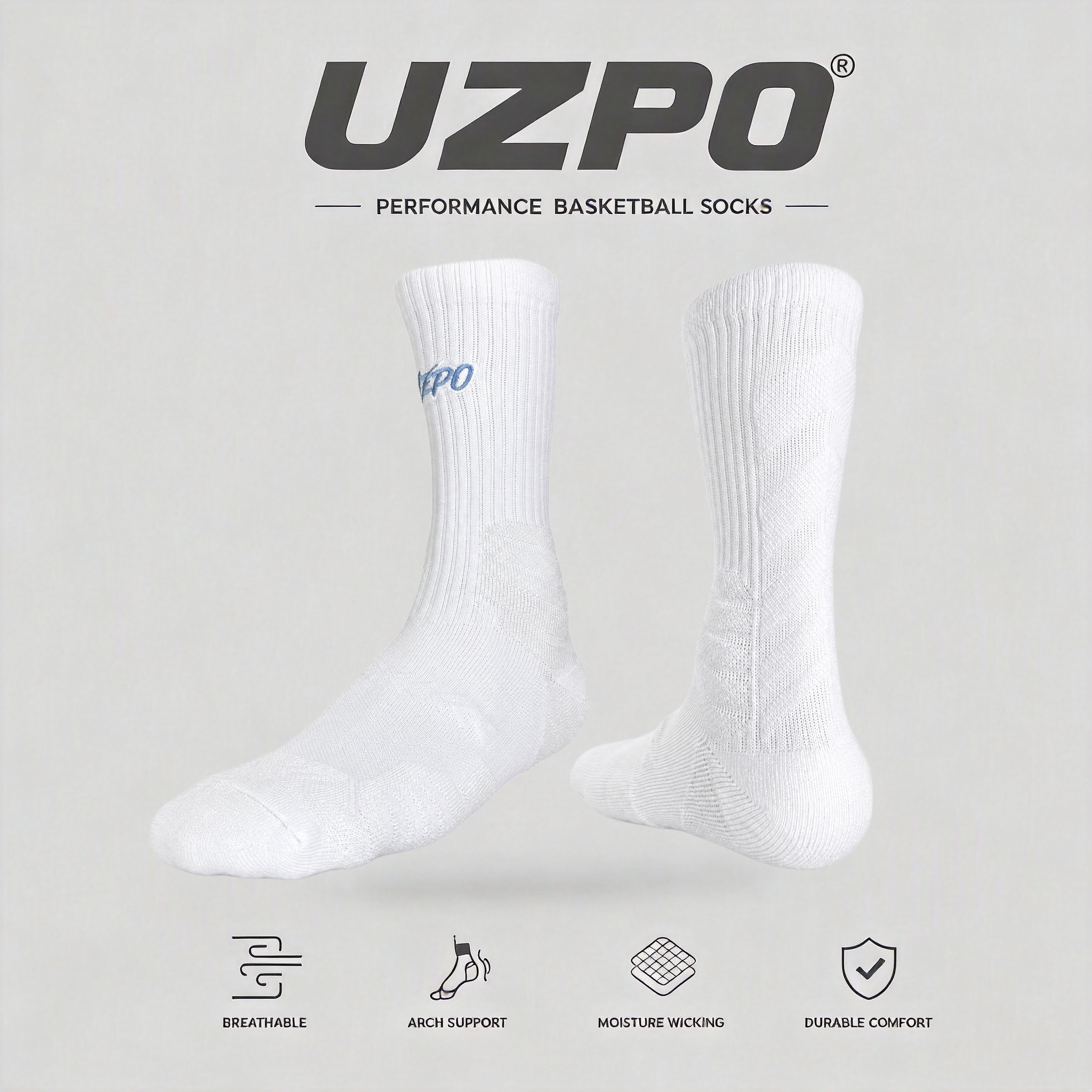 UZPO 篮球袜高帮篮球精英袜毛巾底防滑包裹性运动袜训练纯白箭头