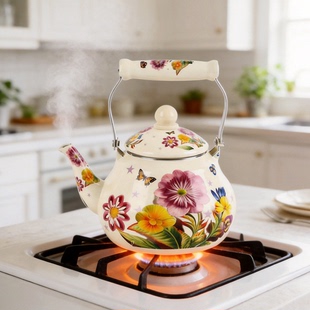 搪瓷壶法式田园风花卉印花珐琅瓷烧水壶瓷茶壶复古凉水壶明火通用