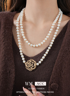法式锆石花朵珍珠项链轻奢复古可叠带式毛衣链气质感百搭项饰