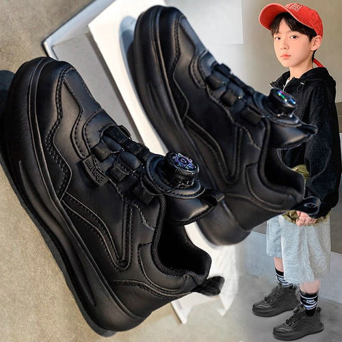 男童黑色小皮鞋皮面防水旋钮白鞋