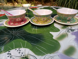 景德镇厂货手绘万寿无疆老式餐具陶瓷面碗汤碗盘勺三件套餐厅酒店