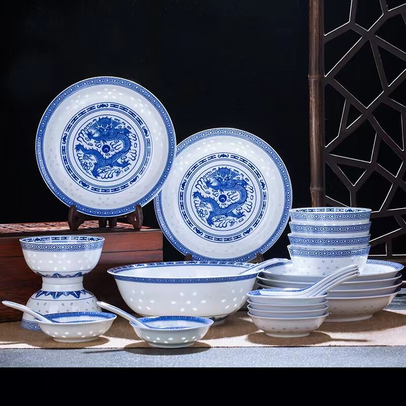 景德镇出口优级餐具套装32/42/56头青花玲珑陶瓷釉下彩环保送礼品