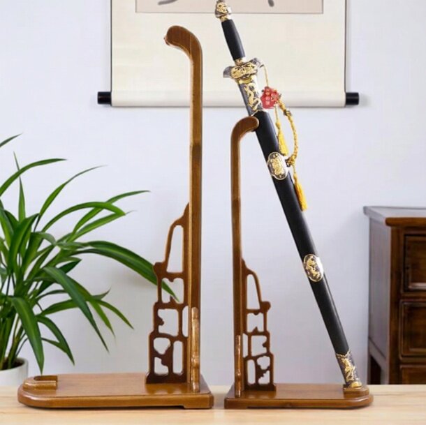 汉剑武器展示架实木鹅头鸡翅木刀架武士兵器架剑架立式斜放剑托图片