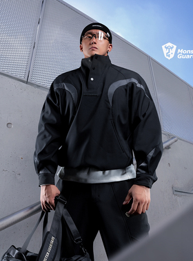 Monster Guardians勇士系列男子秋冬黑色加绒运动卫衣套头衫潮牌