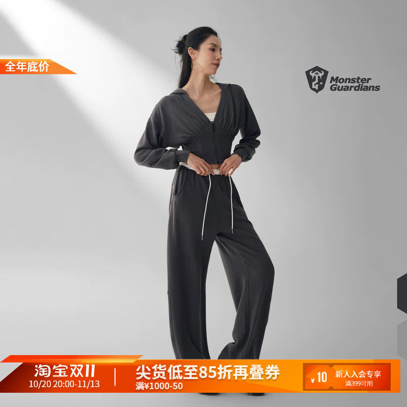 Monster Guardians女子v领抓绒连帽外套休闲长裤秋冬运动套装