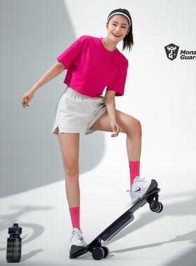 Monster Guardians运动t恤女短款洋红色休闲跑步透气宽松上衣短袖