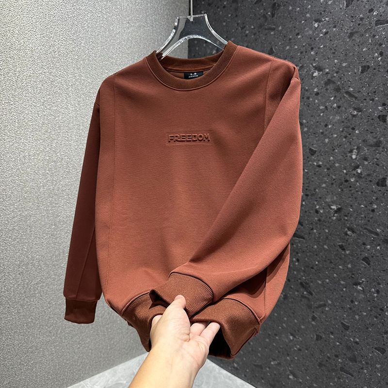 纯色高级感钢印压花时尚长袖套头打底男士潮流圆领宽松T恤衫卫衣