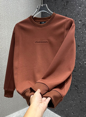 纯色高级感钢印压花时尚长袖套头打底男士潮流圆领宽松T恤衫卫衣