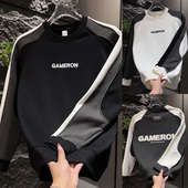 2025秋冬新款 圆领加绒上衣打底体恤 韩版 潮牌拼接撞色时尚 卫衣男士