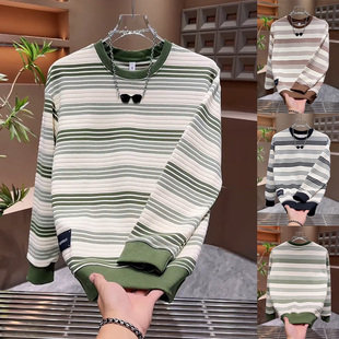男士时尚潮流卫衣圆领条纹高级感爆款长袖t恤宽松休闲加绒打底