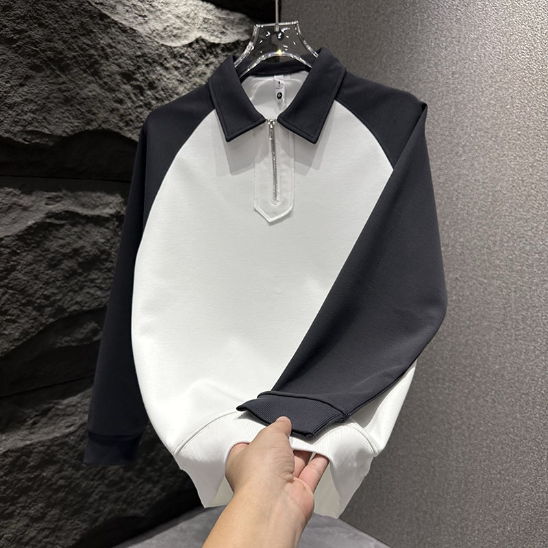 潮牌个性拼接男士polo衫套头宽松半拉链拼色外套潮牌时尚百搭卫衣